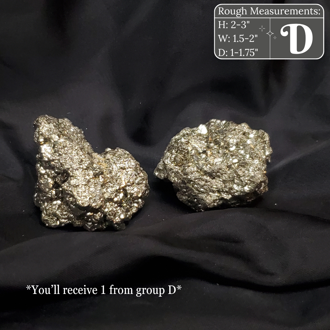 Two metallic pyrite crystals on a black background with measurements and text overlay.