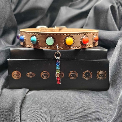 7 Chakra Vegan Leather Pet Collars with crystals and charms