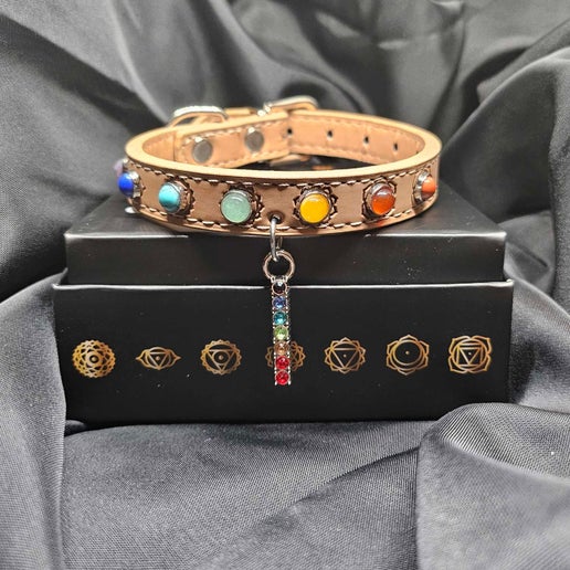 7 Chakra Vegan Leather Pet Collars with crystals and charms