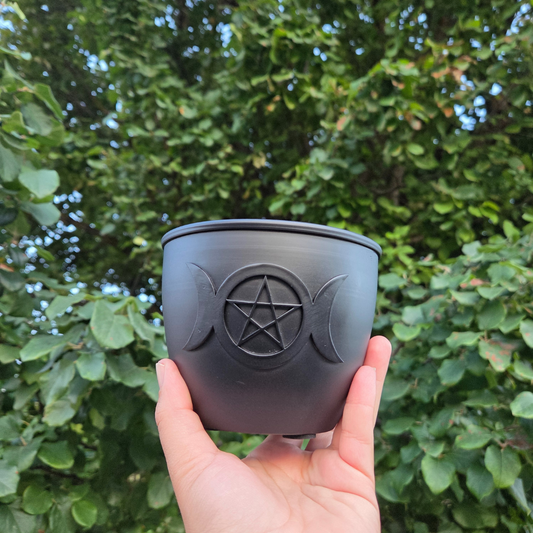 Metal Smudge pot triple moon with pentacle Large