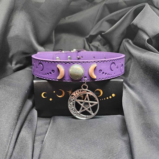 Crescent Moon Vegan Leather Pet Collars with crystals and charms