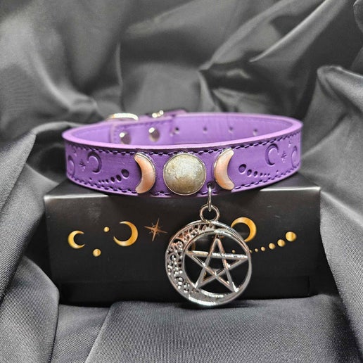 Crescent Moon Vegan Leather Pet Collars with crystals and charms