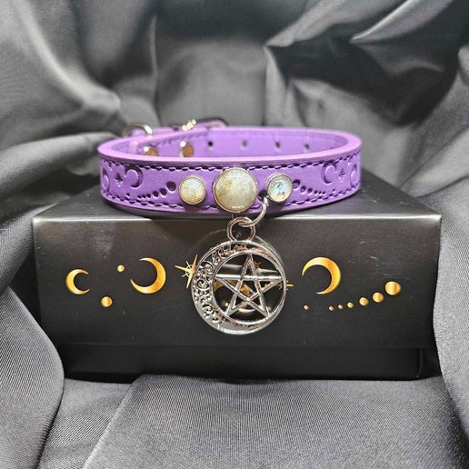 Crescent Moon Vegan Leather Pet Collars with crystals and charms